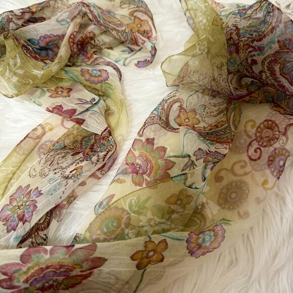 Y2K Crinkle Green Pink Orange Scarf Paisley Floral Bright Colorful Hippie Boho O - Picture 2 of 6